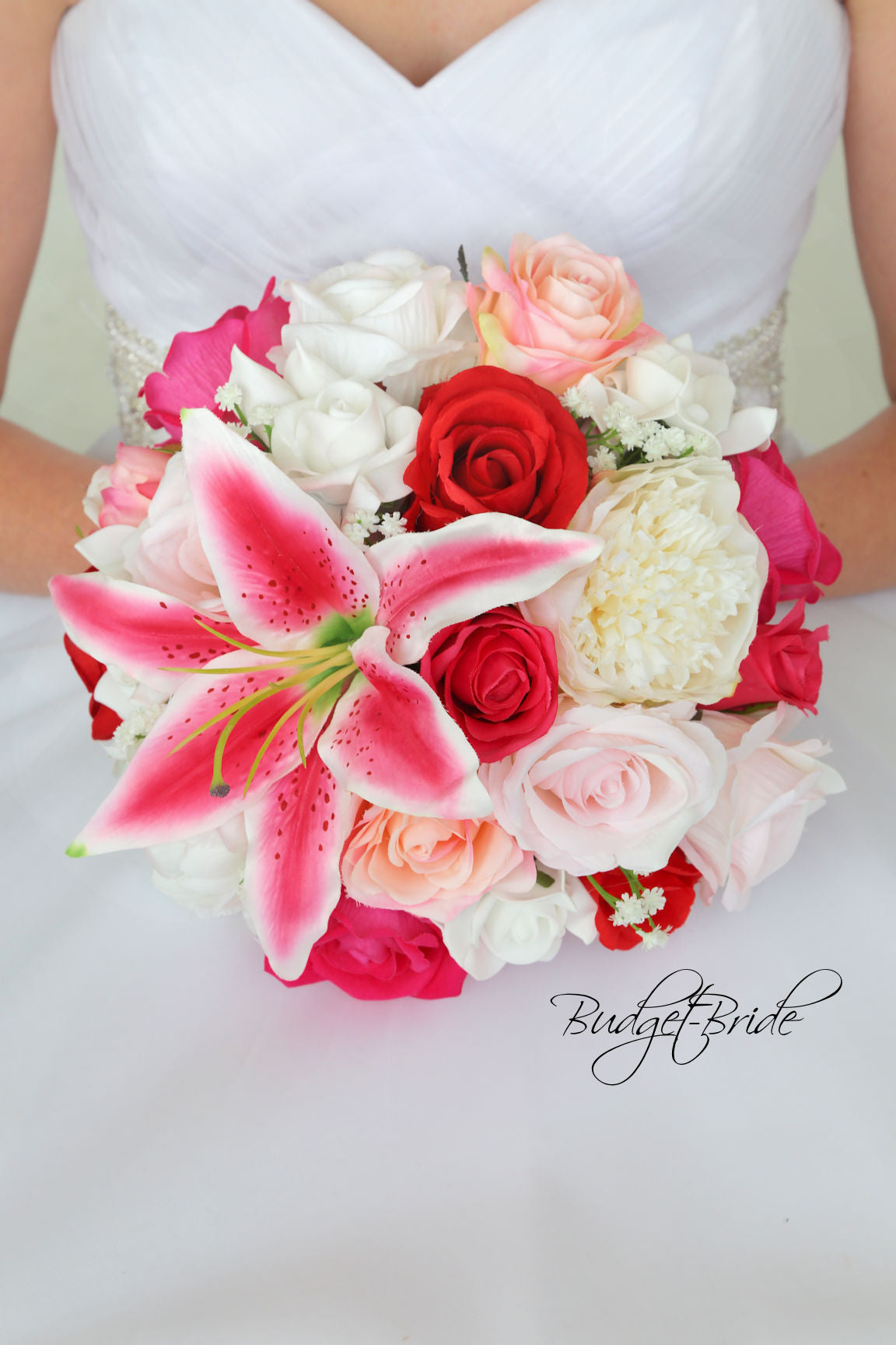 white lily and red rose bridal bouquet Illie Collection #2017135