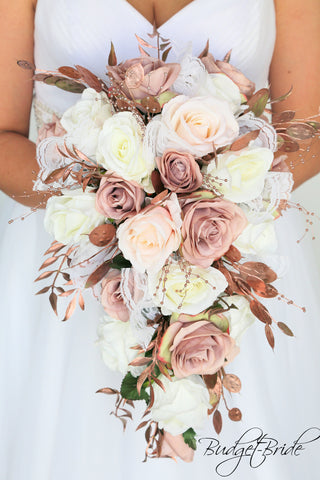 Rose Gold and Mauve Cascading Brides bouquet with pearls