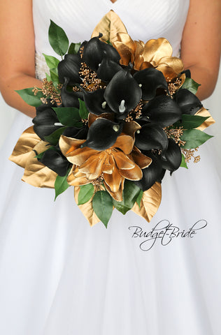 Black Gold Rose Calla Lily Bridal Wedding Bouquet Accessories