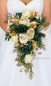 Dark Green and Gold Glitter brides silk wedding flower bouquet 