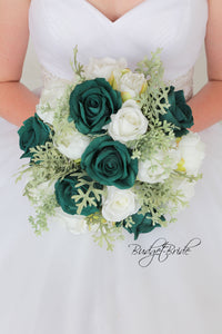 Dark green and white wedding bridal bouquet with peonies