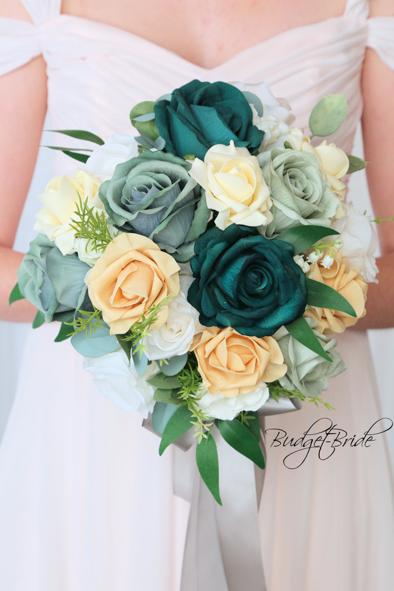 bouquet for emerald green dress Silk Wedding in - $170.00 VacationEdit Cream Bridesmaid premade wedding New In Women's Multicolour Color:Teal/Dusty Blush