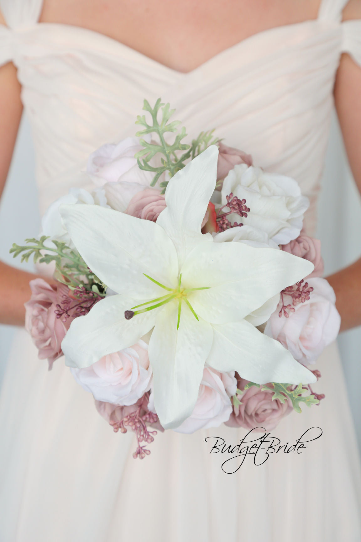white lily and pink rose wedding bouquet Callie Collection #2017194