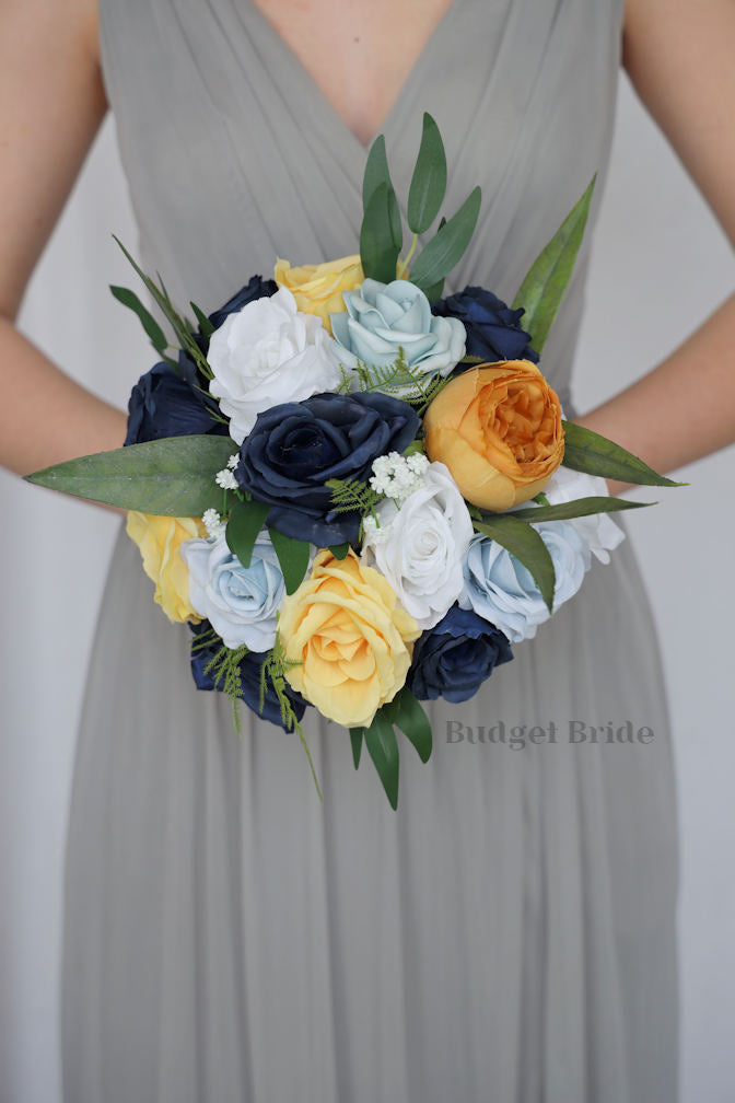 Faux Wedding Bouquet in Dusty Blue and Yellow - $170.00