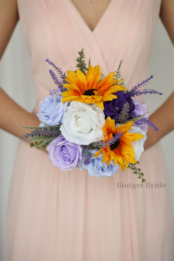 Silk Wedding Bouquet with Sunflowers and Lavender - $58.50