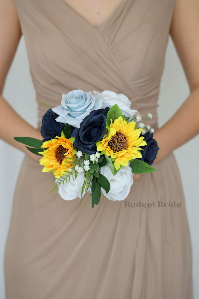 Dusty Blue Sunflower Wedding Bouquet – Budget-Bride